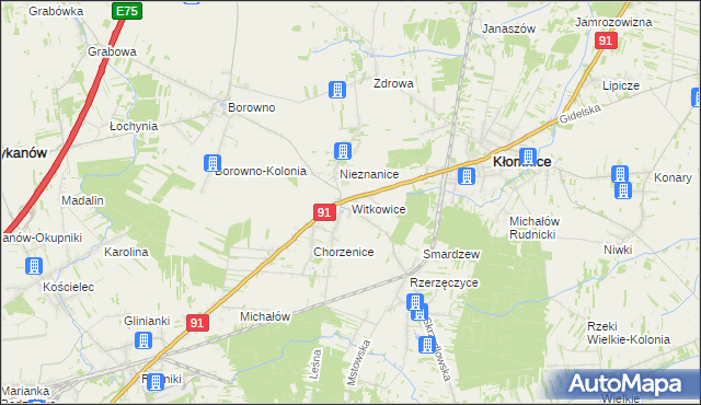 mapa Witkowice gmina Kłomnice, Witkowice gmina Kłomnice na mapie Targeo