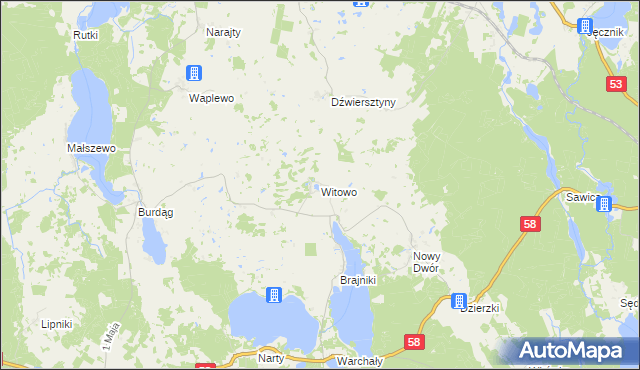 mapa Witowo gmina Jedwabno, Witowo gmina Jedwabno na mapie Targeo
