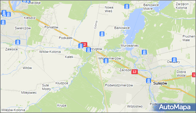 mapa Włodzimierzów gmina Sulejów, Włodzimierzów gmina Sulejów na mapie Targeo