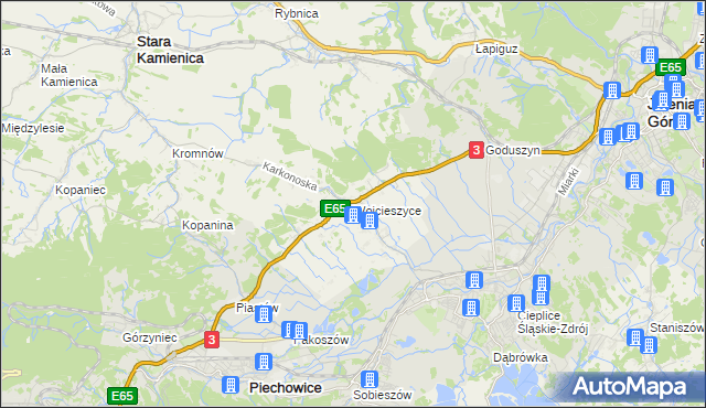 mapa Wojcieszyce gmina Stara Kamienica, Wojcieszyce gmina Stara Kamienica na mapie Targeo
