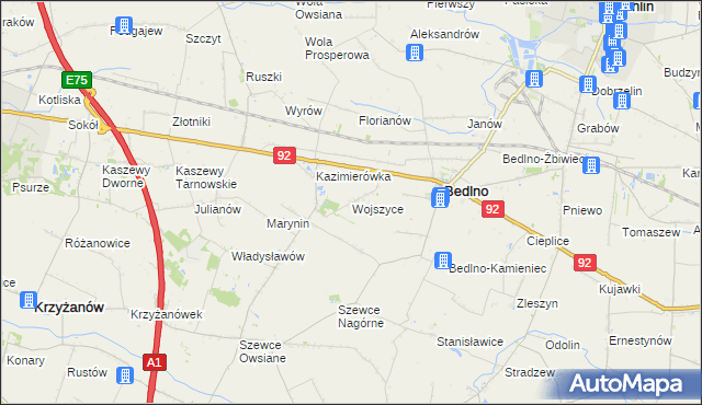 mapa Wojszyce gmina Bedlno, Wojszyce gmina Bedlno na mapie Targeo