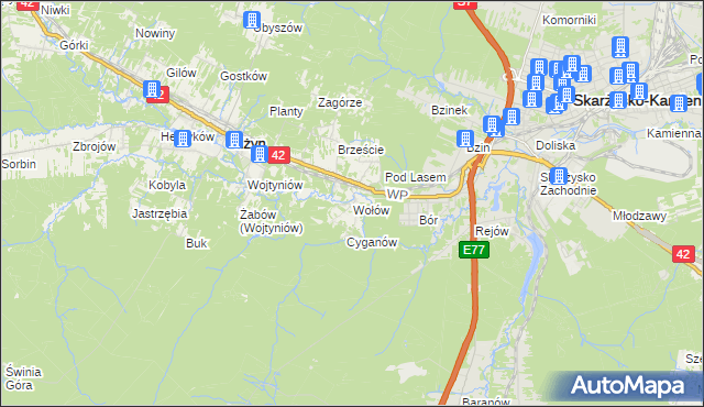 mapa Wołów gmina Bliżyn, Wołów gmina Bliżyn na mapie Targeo