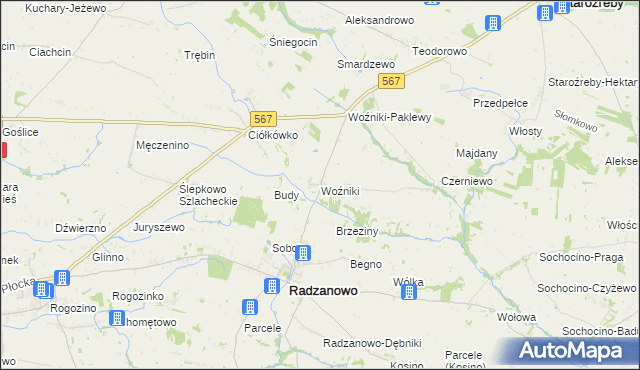 mapa Woźniki gmina Radzanowo, Woźniki gmina Radzanowo na mapie Targeo