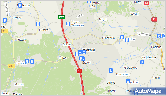 mapa Woźniki powiat lubliniecki, Woźniki powiat lubliniecki na mapie Targeo