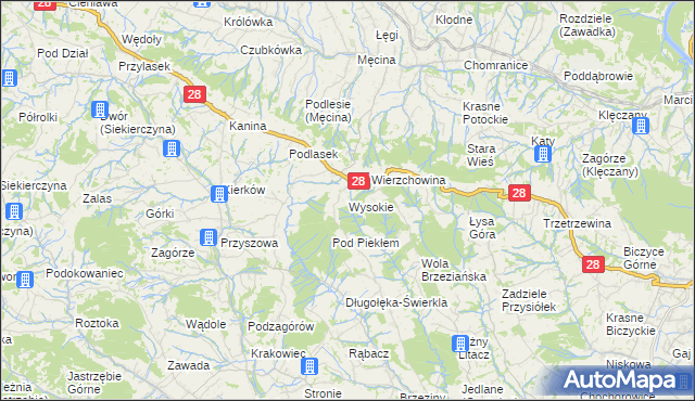 mapa Wysokie gmina Limanowa, Wysokie gmina Limanowa na mapie Targeo