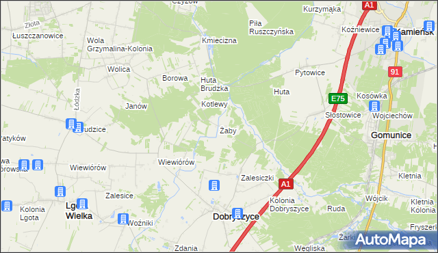 mapa Żaby gmina Dobryszyce, Żaby gmina Dobryszyce na mapie Targeo