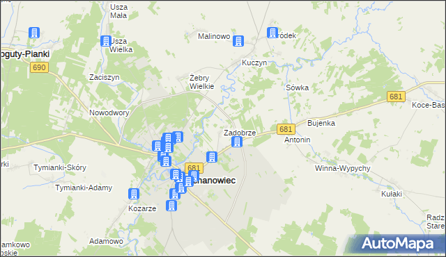 mapa Zadobrze gmina Ciechanowiec, Zadobrze gmina Ciechanowiec na mapie Targeo