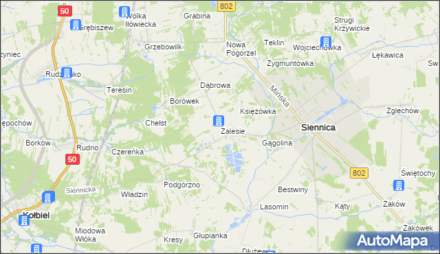 mapa Zalesie gmina Siennica, Zalesie gmina Siennica na mapie Targeo