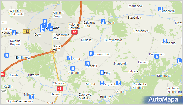 mapa Zapowiednik gmina Złoczew, Zapowiednik gmina Złoczew na mapie Targeo
