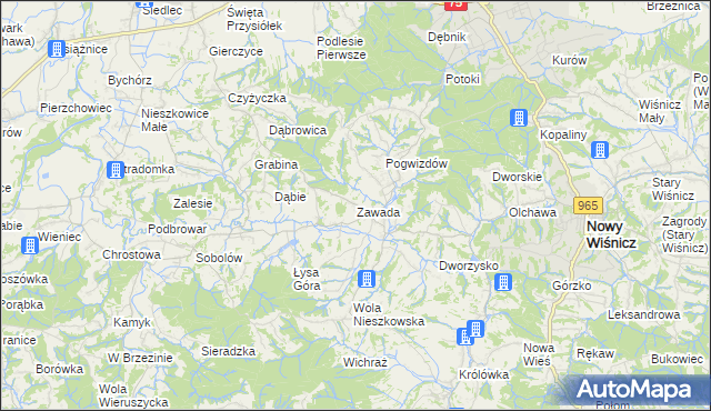 mapa Zawada gmina Bochnia, Zawada gmina Bochnia na mapie Targeo