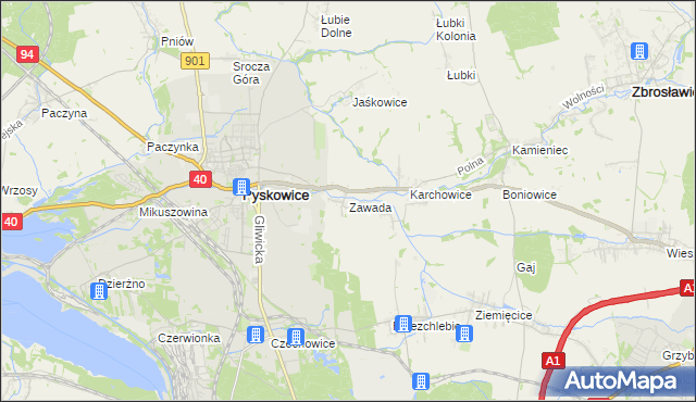 mapa Zawada gmina Zbrosławice, Zawada gmina Zbrosławice na mapie Targeo