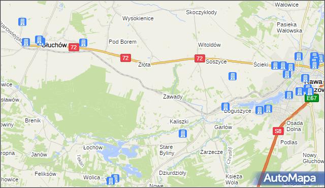 mapa Zawady gmina Rawa Mazowiecka, Zawady gmina Rawa Mazowiecka na mapie Targeo