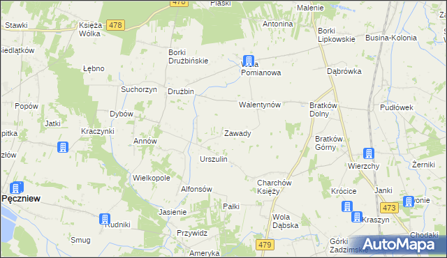 mapa Zawady gmina Zadzim, Zawady gmina Zadzim na mapie Targeo