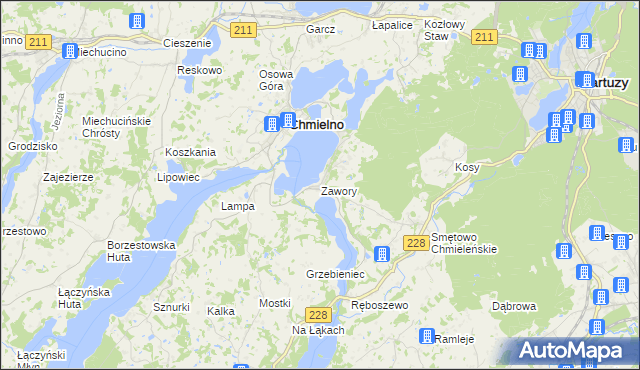 mapa Zawory gmina Chmielno, Zawory gmina Chmielno na mapie Targeo