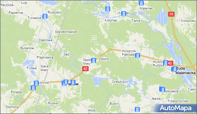 mapa Zbójno gmina Fałków, Zbójno gmina Fałków na mapie Targeo