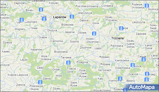 mapa Zbydniów gmina Łapanów, Zbydniów gmina Łapanów na mapie Targeo