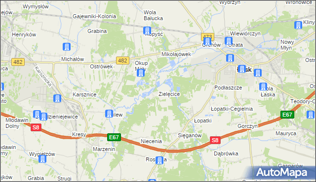 mapa Zielęcice gmina Łask, Zielęcice gmina Łask na mapie Targeo