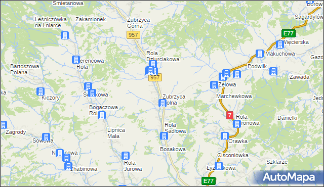 mapa Zubrzyca Dolna, Zubrzyca Dolna na mapie Targeo