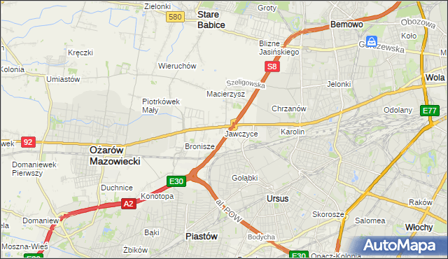 mapa Jawczyce gmina Ożarów Mazowiecki, Jawczyce gmina Ożarów Mazowiecki na mapie Targeo