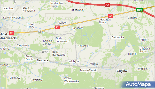 mapa Kokoszki gmina Cegłów, Kokoszki gmina Cegłów na mapie Targeo