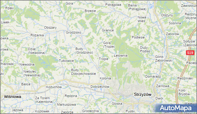 mapa Tropie gmina Strzyżów, Tropie gmina Strzyżów na mapie Targeo