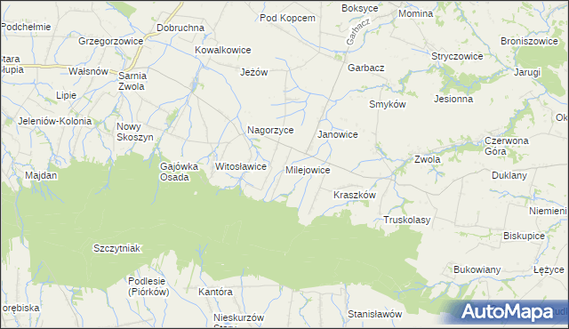 mapa Milejowice gmina Waśniów, Milejowice gmina Waśniów na mapie Targeo