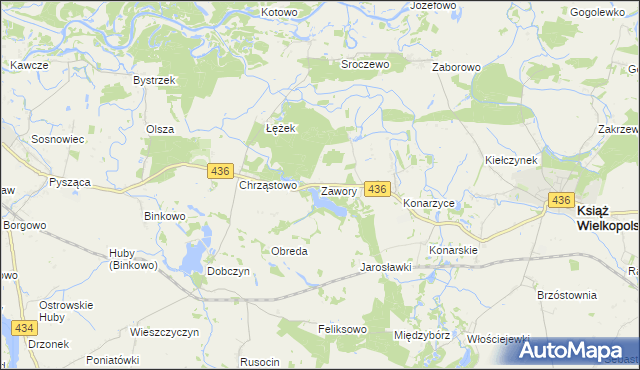 mapa Zawory gmina Książ Wielkopolski, Zawory gmina Książ Wielkopolski na mapie Targeo
