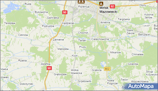 mapa Prusy gmina Mińsk Mazowiecki, Prusy gmina Mińsk Mazowiecki na mapie Targeo