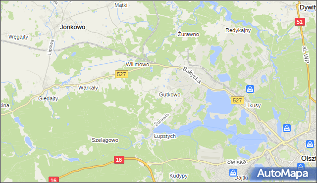 mapa Gutkowo gmina Jonkowo, Gutkowo gmina Jonkowo na mapie Targeo