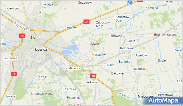 mapa Mysłaków gmina Nieborów, Mysłaków gmina Nieborów na mapie Targeo