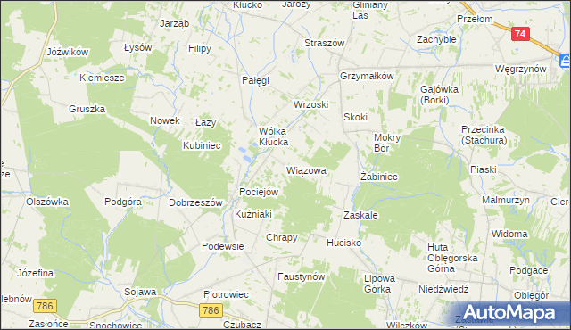 mapa Wiązowa gmina Mniów, Wiązowa gmina Mniów na mapie Targeo