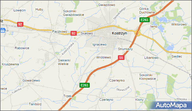 mapa Wróblewo gmina Kostrzyn, Wróblewo gmina Kostrzyn na mapie Targeo