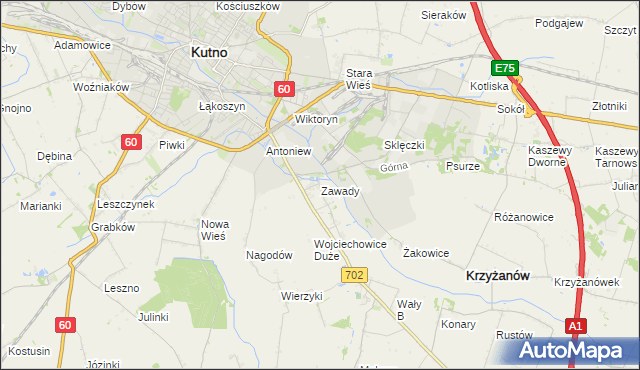 mapa Zawady gmina Krzyżanów, Zawady gmina Krzyżanów na mapie Targeo