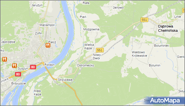 mapa Nowy Dwór gmina Dąbrowa Chełmińska, Nowy Dwór gmina Dąbrowa Chełmińska na mapie Targeo
