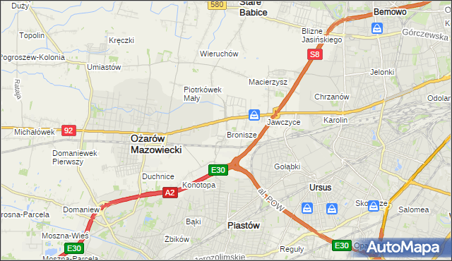 mapa Bronisze gmina Ożarów Mazowiecki, Bronisze gmina Ożarów Mazowiecki na mapie Targeo