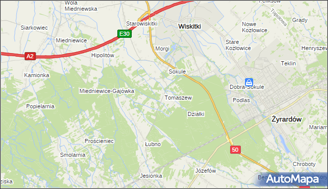 mapa Tomaszew gmina Wiskitki, Tomaszew gmina Wiskitki na mapie Targeo