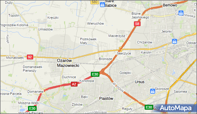 mapa Bronisze gmina Ożarów Mazowiecki, Bronisze gmina Ożarów Mazowiecki na mapie Targeo