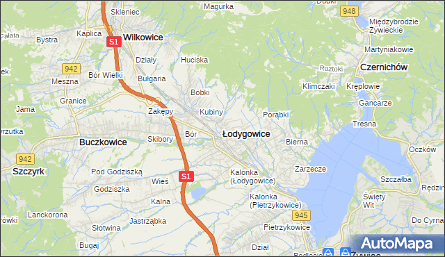 mapa Łodygowice powiat żywiecki, Łodygowice powiat żywiecki na mapie Targeo