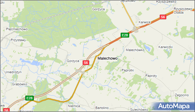 mapa Malechowo powiat sławieński, Malechowo powiat sławieński na mapie Targeo