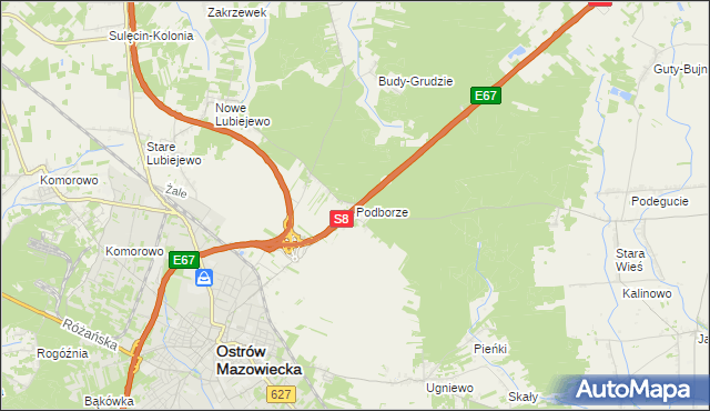 mapa Podborze gmina Ostrów Mazowiecka, Podborze gmina Ostrów Mazowiecka na mapie Targeo