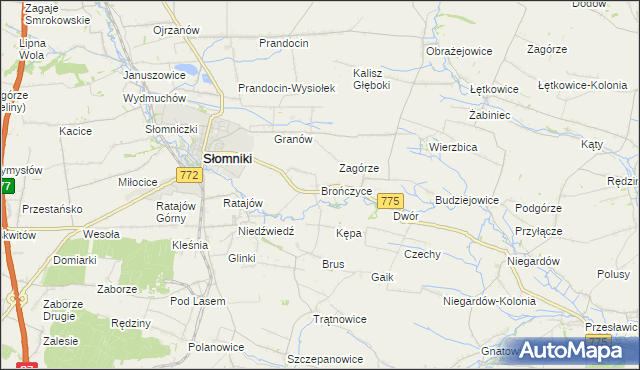 mapa Brończyce gmina Słomniki, Brończyce gmina Słomniki na mapie Targeo
