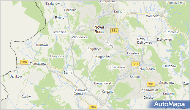 mapa Bieganów gmina Nowa Ruda, Bieganów gmina Nowa Ruda na mapie Targeo