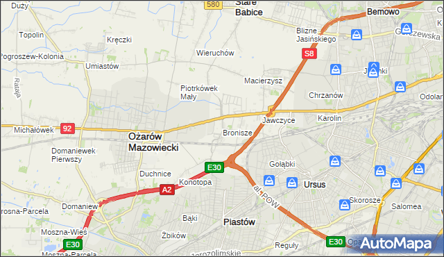 mapa Bronisze gmina Ożarów Mazowiecki, Bronisze gmina Ożarów Mazowiecki na mapie Targeo