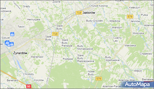 mapa Budy Michałowskie gmina Jaktorów, Budy Michałowskie gmina Jaktorów na mapie Targeo