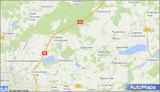 mapa Dąbrówka gmina Kościerzyna, Dąbrówka gmina Kościerzyna na mapie Targeo