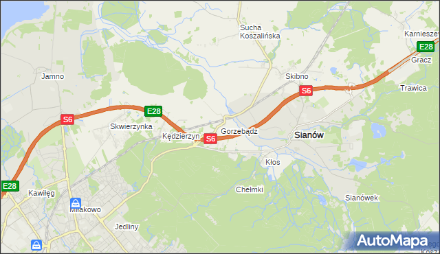mapa Gorzebądz gmina Sianów, Gorzebądz gmina Sianów na mapie Targeo