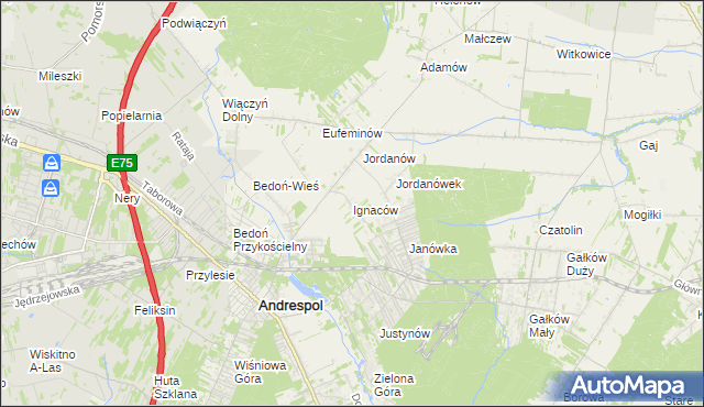 mapa Ignaców gmina Brzeziny, Ignaców gmina Brzeziny na mapie Targeo