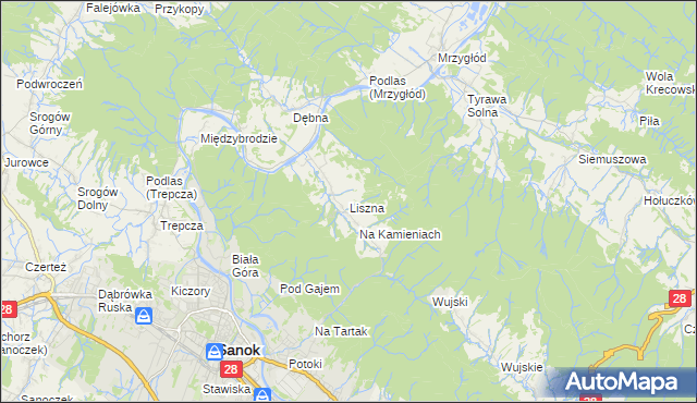 mapa Liszna gmina Sanok, Liszna gmina Sanok na mapie Targeo