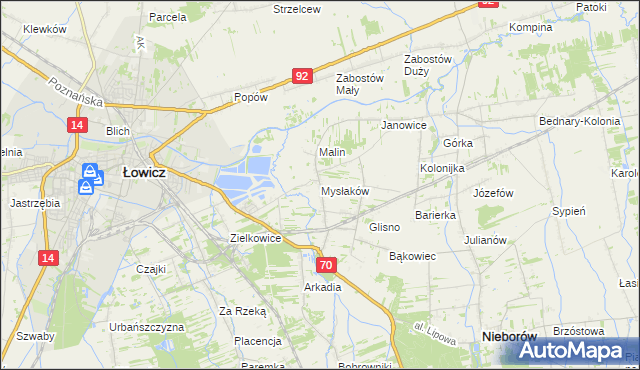 mapa Mysłaków gmina Nieborów, Mysłaków gmina Nieborów na mapie Targeo