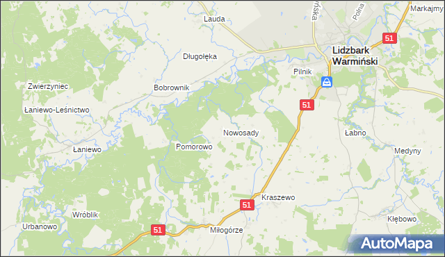 mapa Nowosady gmina Lidzbark Warmiński, Nowosady gmina Lidzbark Warmiński na mapie Targeo